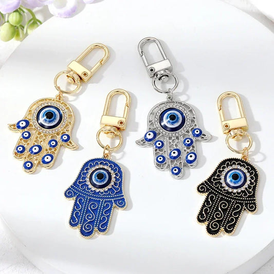 Vintage Hamsa Hand Keychain Bling Blue Evil Eye Charms With Key Ring For Women Men Airpods Box Walllet Handbag Ornament Jewelry